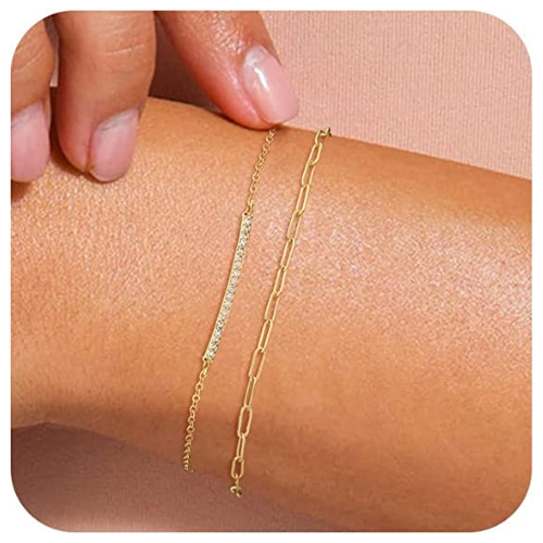 FREEKISS Personalized Jewlry Bracelets  Paperclip Chain with CZ Bar Bracelets Gold