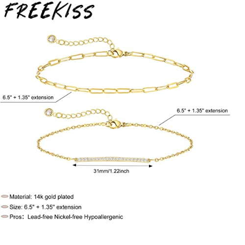 FREEKISS Personalized Jewlry Bracelets  Paperclip Chain with CZ Bar Bracelets Gold