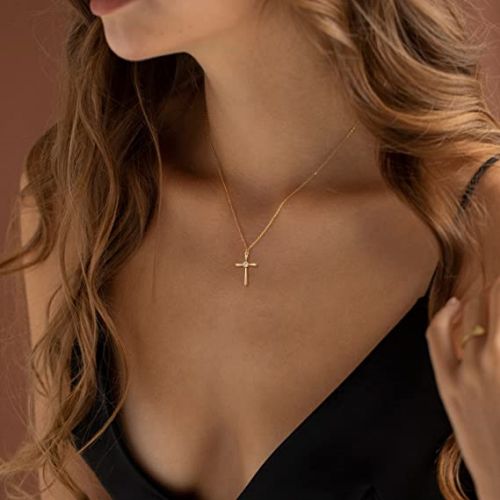 FREEKISS Personalized Jewlry Necklaces Small CZ Cross Pendant Necklace Gold