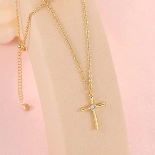 FREEKISS Personalized Jewlry Necklaces Small CZ Cross Pendant Necklace Gold