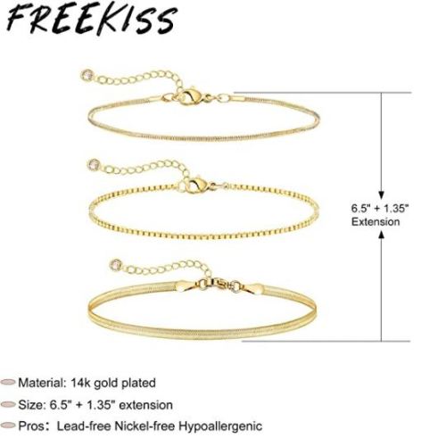 FREEKISS Personalized Jewlry Bracelet Two Snake Chain with One Box Chain Bracelet Gold