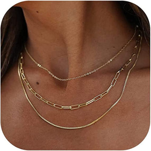 FREEKISS Personalized Jewlry Cable Choker & Paperclip & Box Chain Layering Necklaces Gold