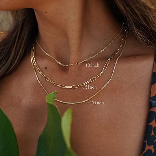 FREEKISS Personalized Jewlry Cable Choker & Paperclip & Box Chain Layering Necklaces Gold