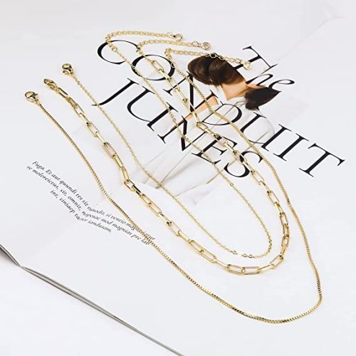 FREEKISS Personalized Jewlry Cable Choker & Paperclip & Box Chain Layering Necklaces Gold