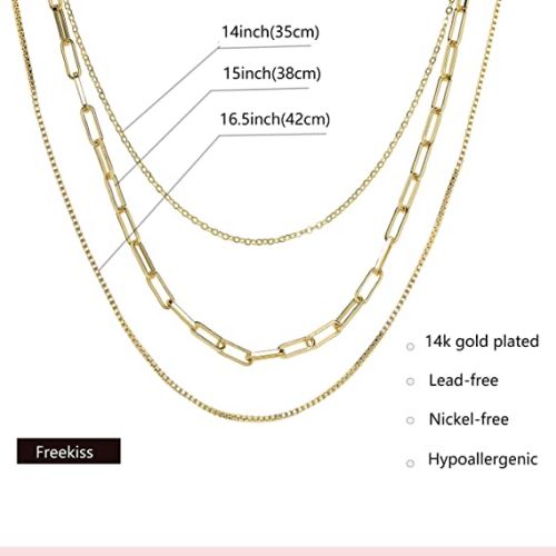 FREEKISS Personalized Jewlry Cable Choker & Paperclip & Box Chain Layering Necklaces Gold