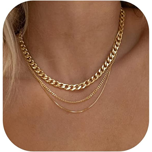 FREEKISS Personalized Jewlry Necklaces Multi Layered Thick Cuban Link Necklaces Gold